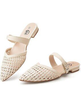 Women's Beige Woven Flats Mules Adjustable Strap Cutout Loafers Slip On Shoes